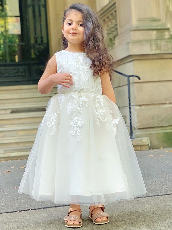 A-Line/Princess Tulle Lace Scoop Sleeveless Ankle-Length Flower Girl Dresses DEP0007499