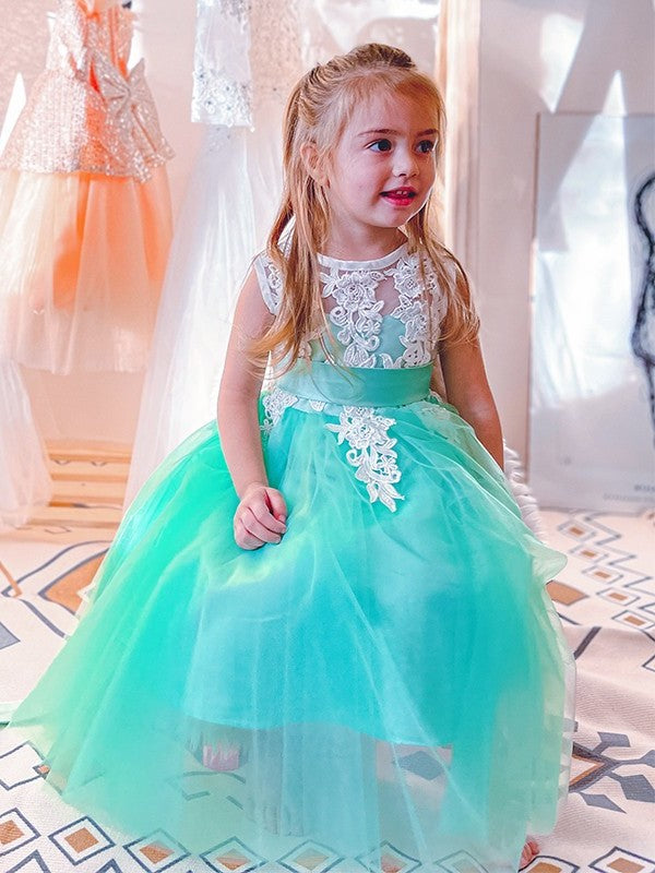 A-Line/Princess Tulle Applique Scoop Sleeveless Knee-Length Flower Girl Dresses DEP0009293