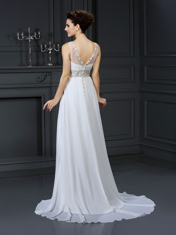 A-Line/Princess Bateau Ruffles Sleeveless Long Chiffon Wedding Dresses DEP0006616