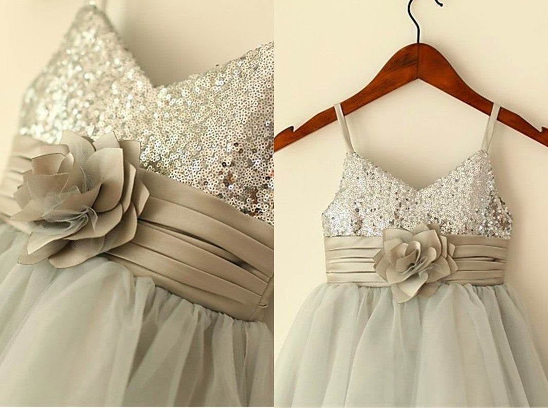 A-line/Princess Spaghetti Straps Sleeveless Sequin Tea-Length Tulle Flower Girl Dresses DEP0007660