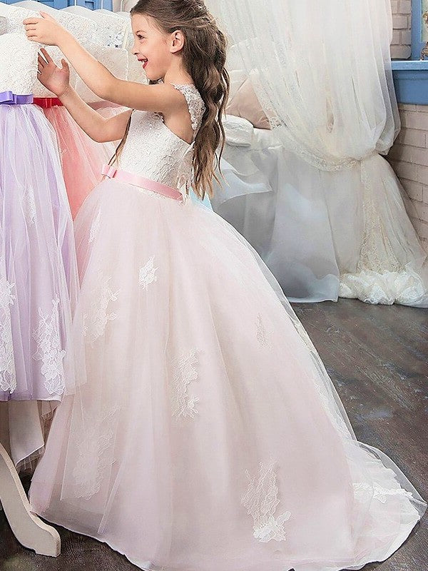 Ball Gown Sweetheart Sleeveless Bowknot Floor-Length Tulle Flower Girl Dresses DEP0007650