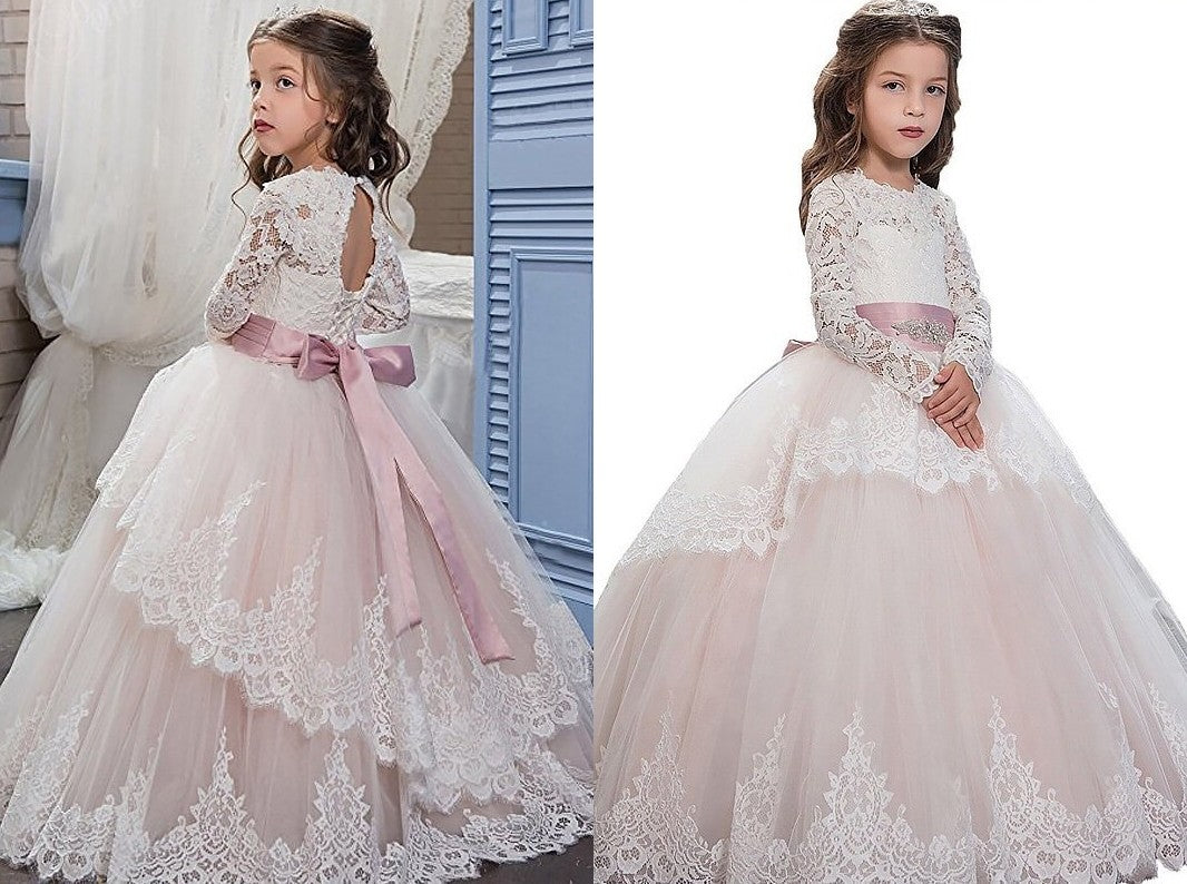 Ball Gown Jewel Long Sleeves Lace Floor-Length Tulle Flower Girl Dresses DEP0007626