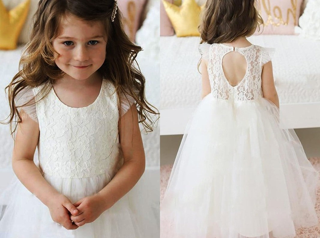 A-Line/Princess Short Sleeves Tulle Lace Scoop Floor-Length Flower Girl Dresses DEP0007911