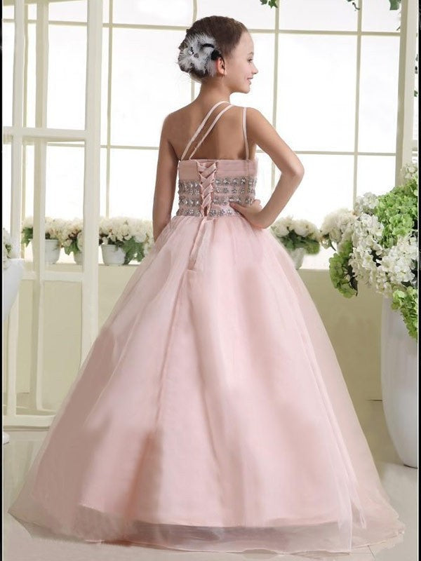 A-line/Princess One-shoulder Sleeveless Beading Long Organza Flower Girl Dresses DEP0007661