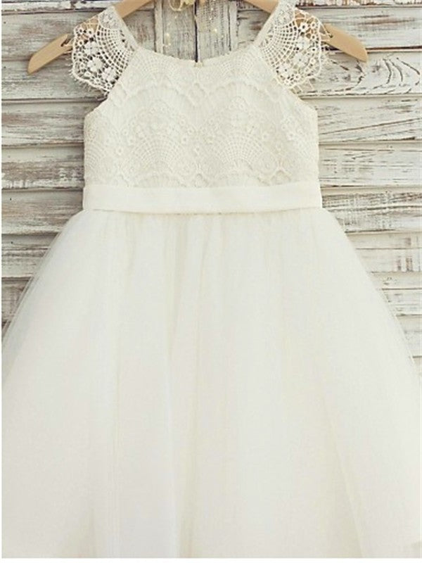 A-line/Princess Scoop Sleeveless Lace Knee-Length Tulle Flower Girl Dresses DEP0007585