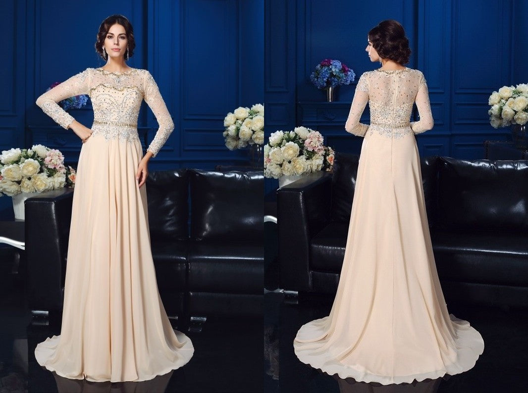 A-Line/Princess Scoop Beading Long Sleeves Long Chiffon Mother of the Bride Dresses DEP0007085