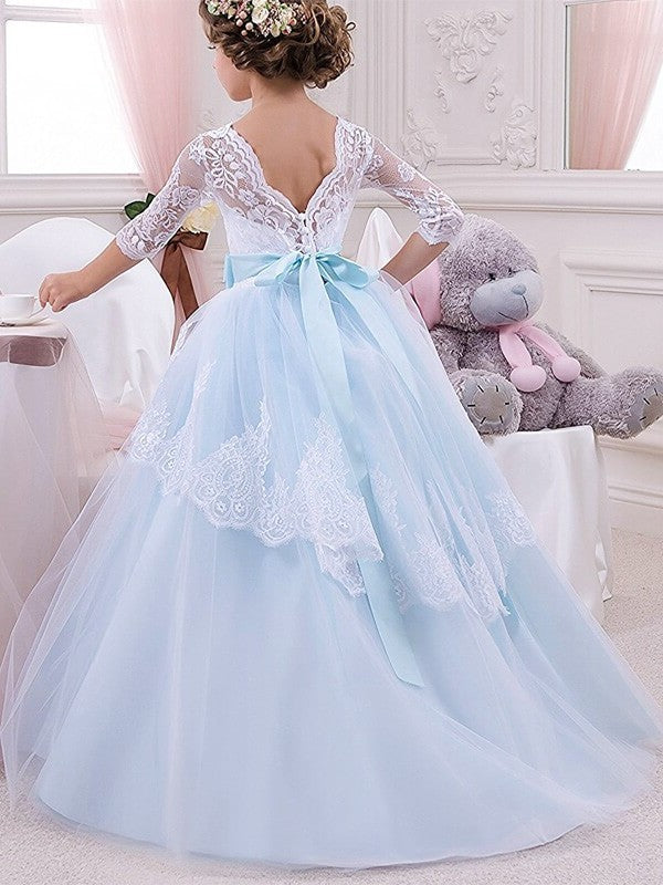 Ball Gown Jewel 1/2 Sleeves Lace Floor-Length Tulle Flower Girl Dresses DEP0007685