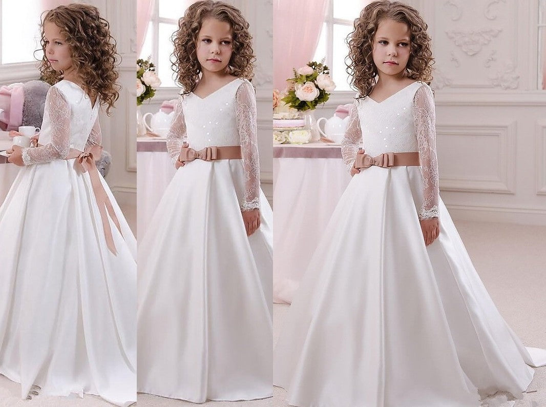 Ball Gown V-neck Long Sleeves Lace Floor-Length Satin Flower Girl Dresses DEP0007590