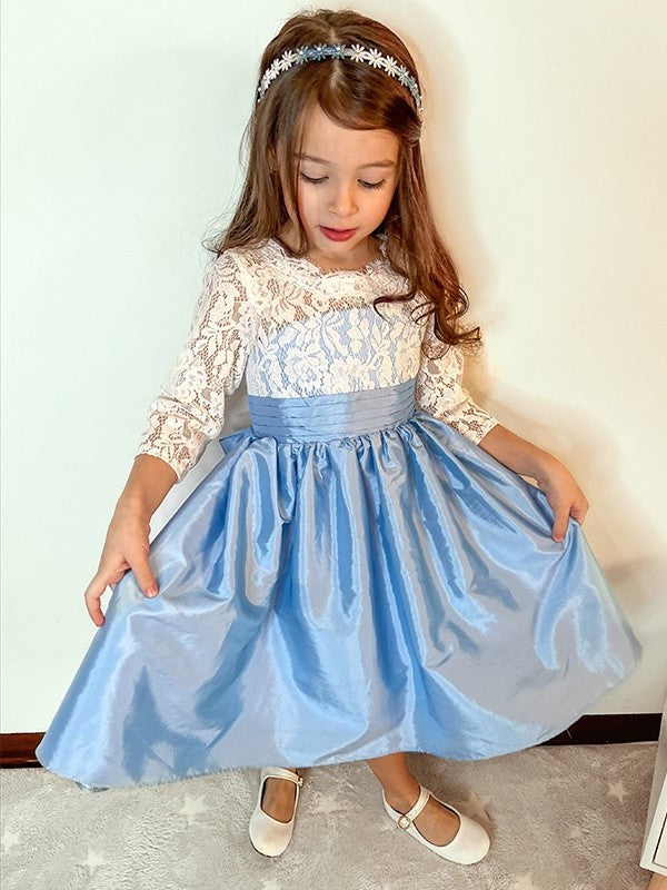 A-Line/Princess Taffeta Lace Scoop 3/4 Sleeves Knee-Length Flower Girl Dresses DEP0009283