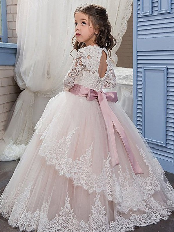 Ball Gown Jewel Long Sleeves Lace Floor-Length Tulle Flower Girl Dresses DEP0007626