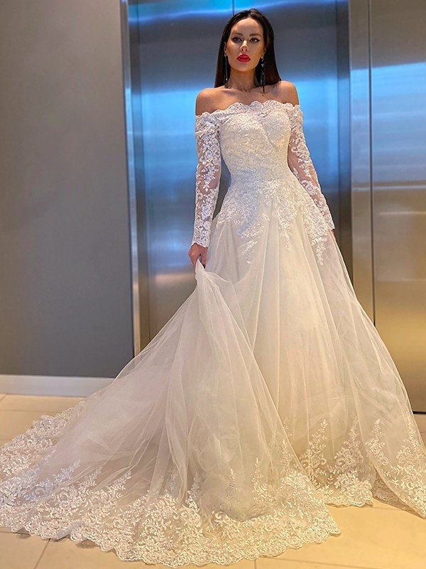 A-Line/Princess Lace Applique Off-the-Shoulder Long Sleeves Sweep/Brush Train Wedding Dresses DEP0006083