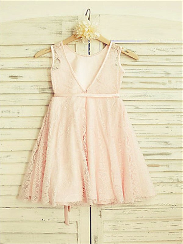 A-line/Princess Scoop Sleeveless Sash/Ribbon/Belt Tea-Length Lace Flower Girl Dresses DEP0007847