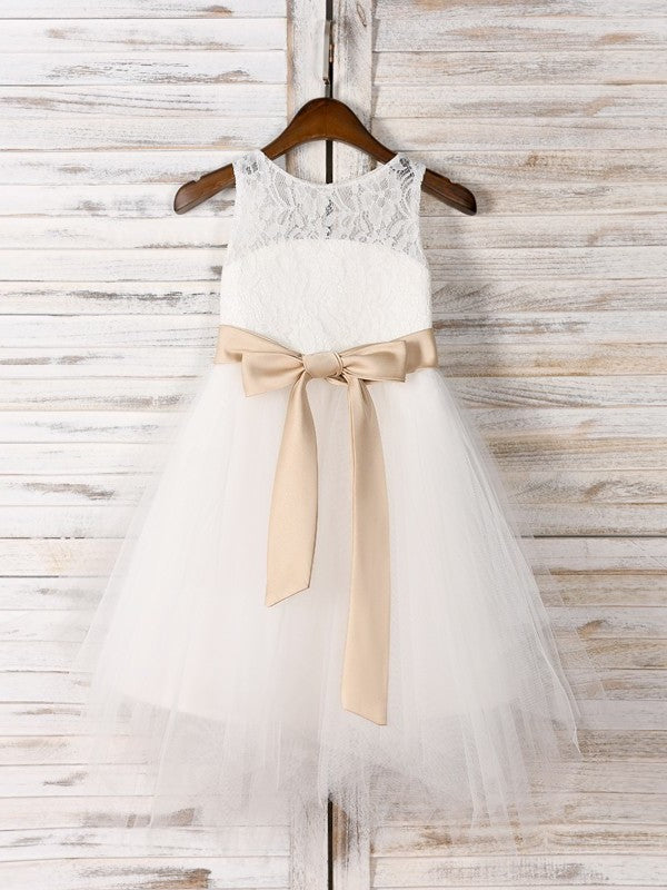 A-Line/Princess Tulle Sash/Ribbon/Belt Scoop Sleeveless Tea-Length Flower Girl Dresses DEP0007525