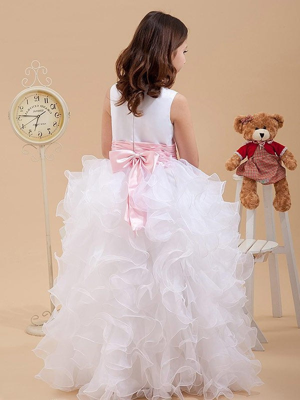 A-line/Princess Scoop Bowknot Sleeveless Long Organza Flower Girl Dresses DEP0007748