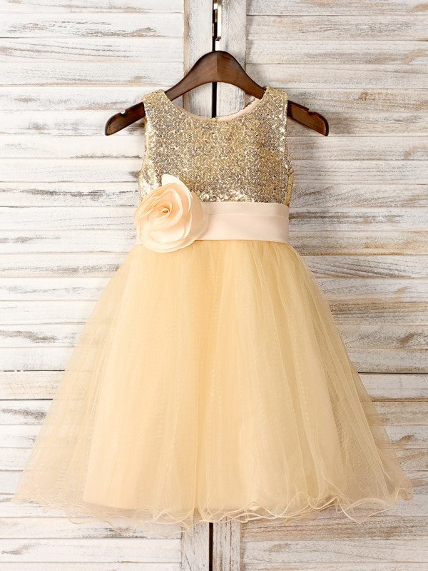 A-Line/Princess Tulle Hand-Made Flower Scoop Sleeveless Tea-Length Flower Girl Dresses DEP0007529