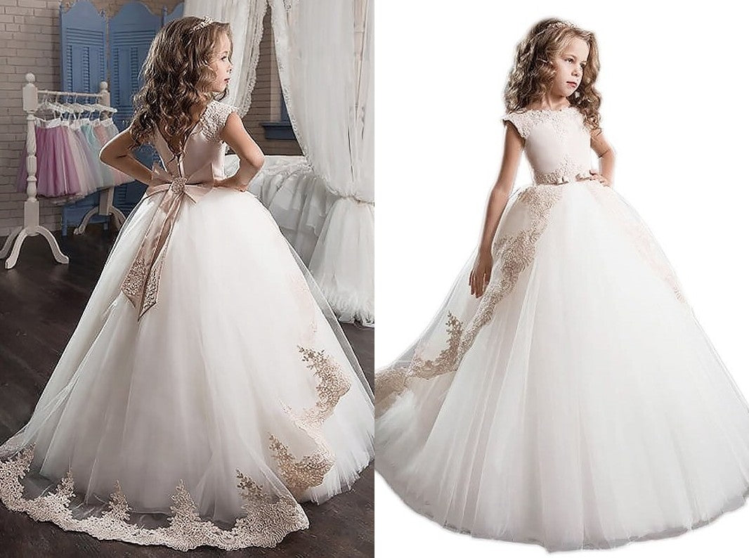 Ball Gown Scoop Tulle Applique Floor-Length Sleeveless Flower Girl Dresses DEP0007534