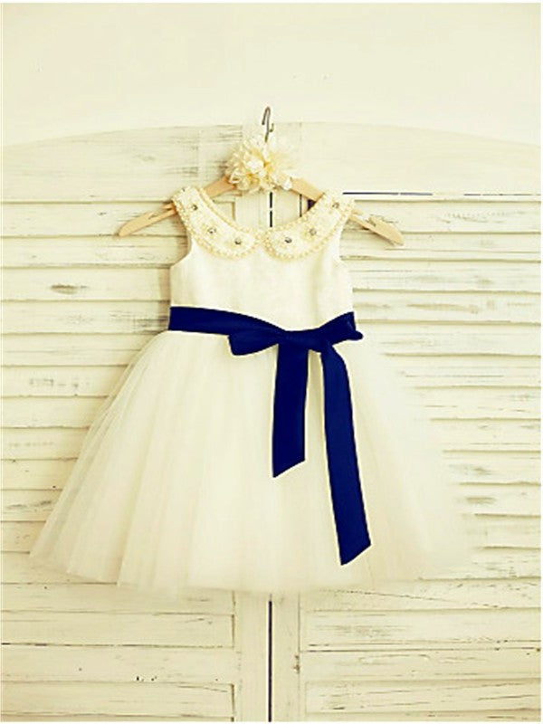 A-line/Princess Scoop Sleeveless Bowknot Tea-Length Tulle Flower Girl Dresses DEP0007905