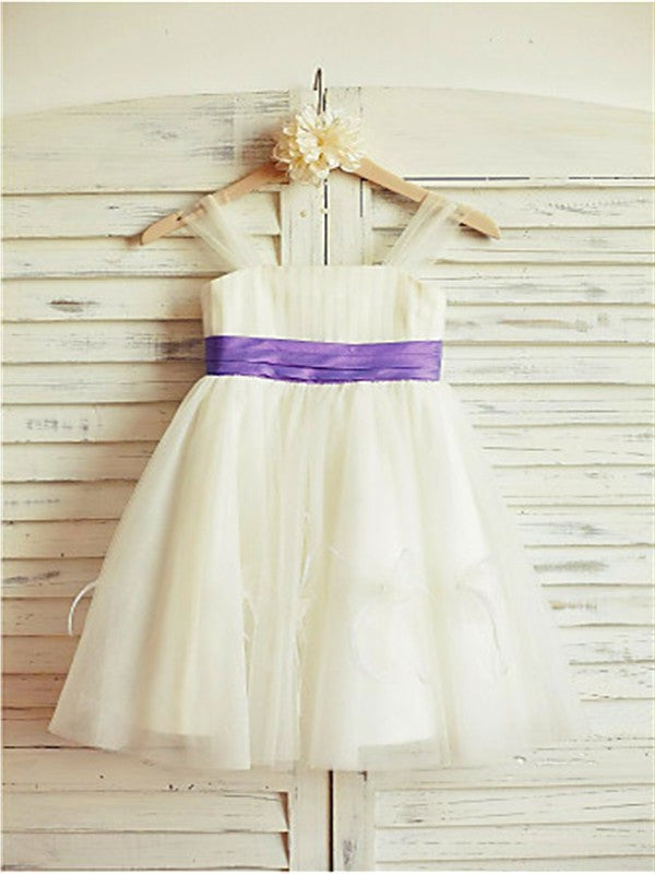 A-line/Princess Straps Sleeveless Ruffles Tea-Length Tulle Flower Girl Dresses DEP0007886