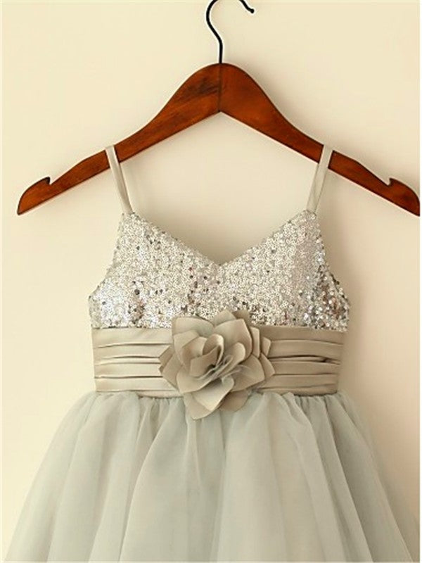 A-line/Princess Spaghetti Straps Sleeveless Sequin Tea-Length Tulle Flower Girl Dresses DEP0007660