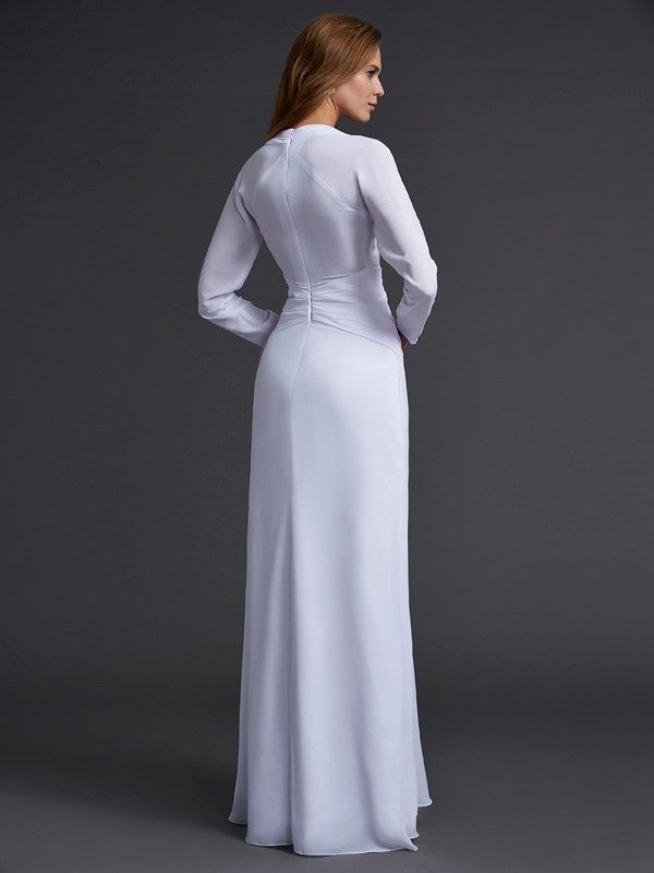 Sheath/Column V-neck Long Sleeves Ruched Long Chiffon Dresses DEP0002467