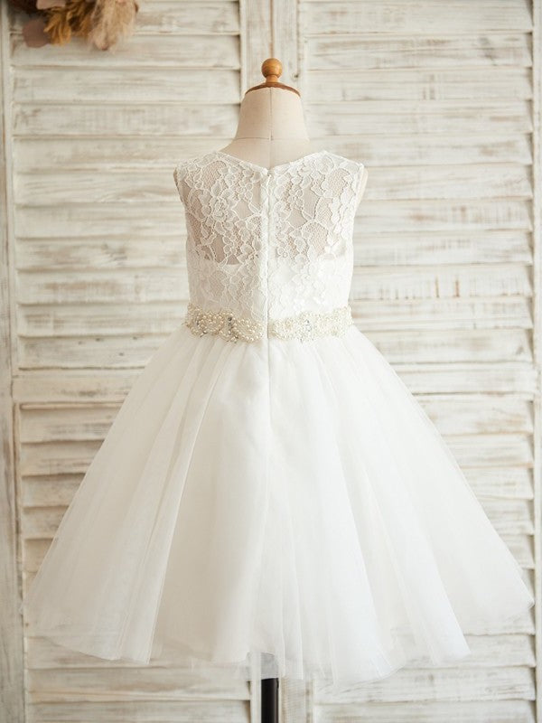 A-Line/Princess Tulle Lace Scoop Sleeveless Knee-Length Flower Girl Dresses DEP0007869