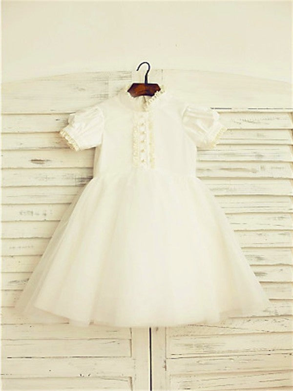 A-line/Princess High Neck Short Sleeves Lace Tea-Length Tulle Flower Girl Dresses DEP0007902