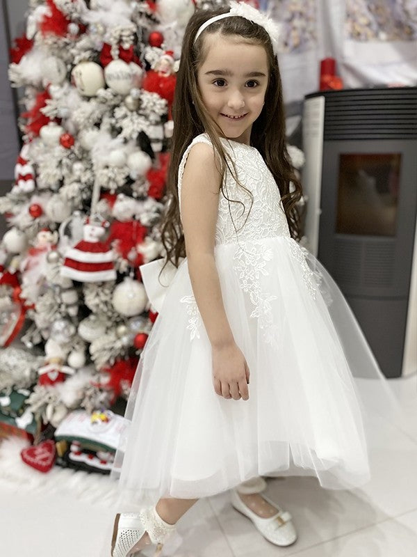 A-Line/Princess Tulle Lace Scoop Sleeveless Knee-Length Flower Girl Dresses DEP0009286