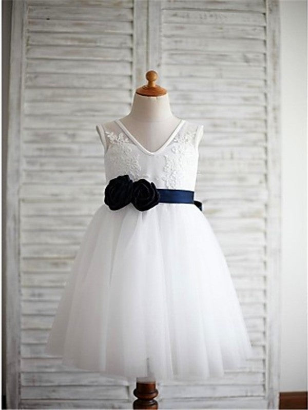 A-line/Princess V-neck Sleeveless Hand-made Flower Tea-Length Tulle Flower Girl Dresses DEP0007694