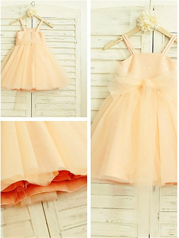 A-line/Princess Spaghetti Straps Sleeveless Sequin Tea-Length Tulle Flower Girl Dresses DEP0007863