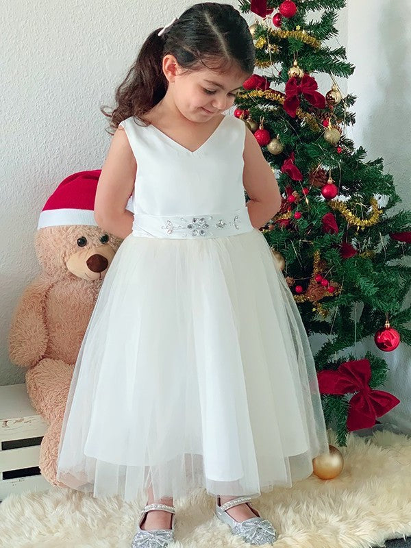 A-Line/Princess Tulle Bowknot V-neck Sleeveless Knee-Length Flower Girl Dresses DEP0009281