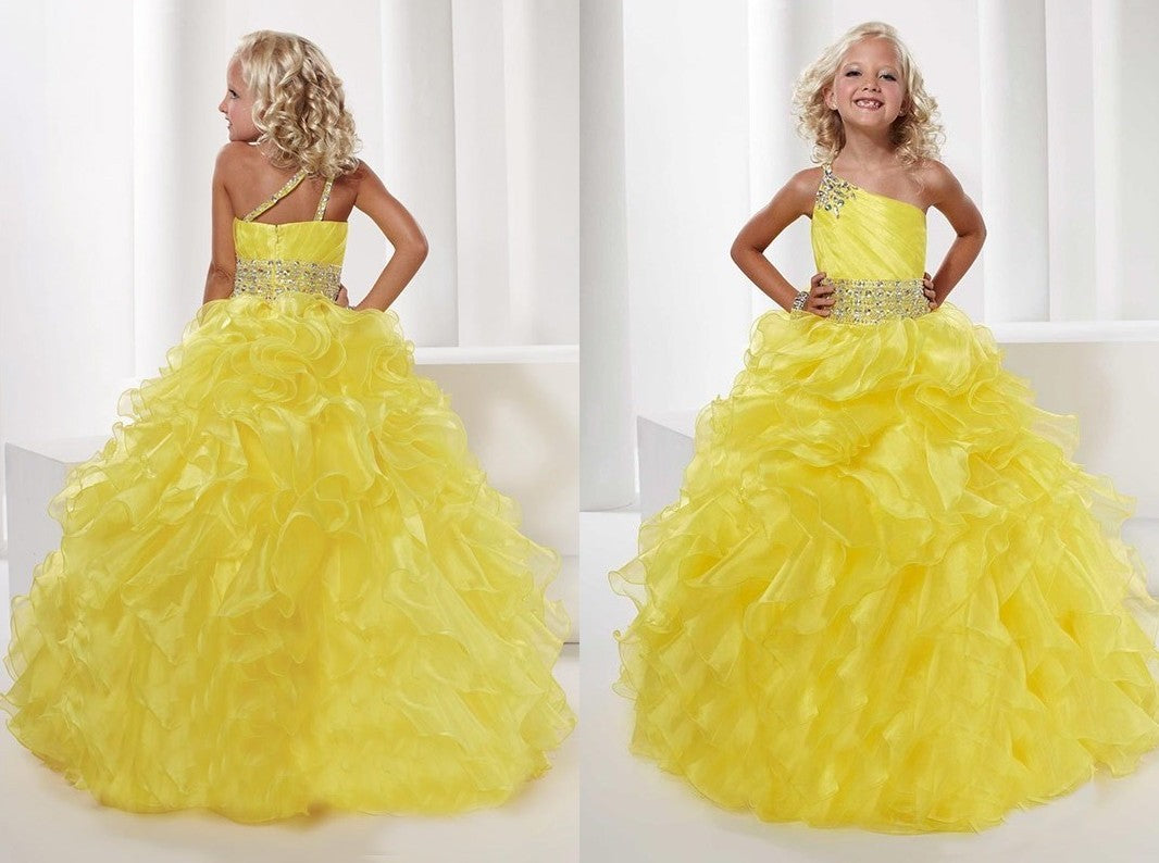 Ball Gown One-shoulder Sleeveless Beading Long Organza Flower Girl Dresses DEP0007598