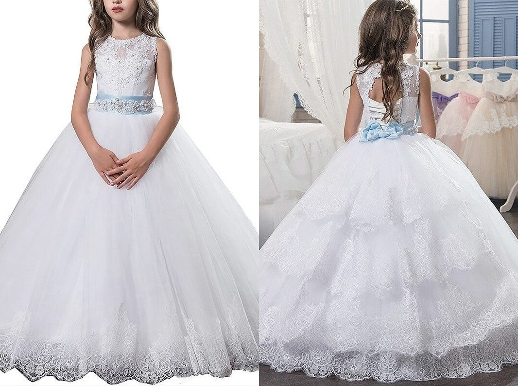 Ball Gown Scoop Sleeveless Applique Floor-Length Tulle Flower Girl Dresses DEP0007666