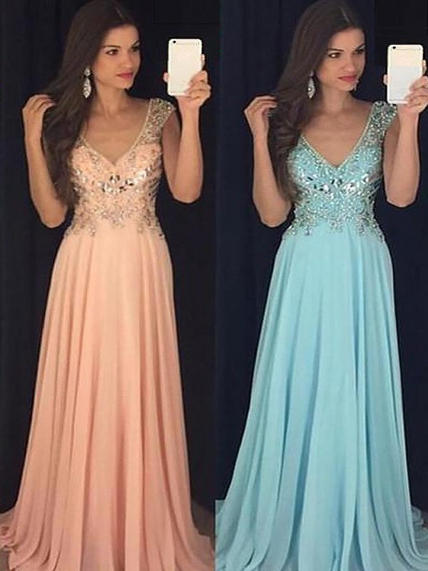 A-Line/Princess Sleeveless V-neck Chiffon Paillette Floor-Length Dresses DEP0002098