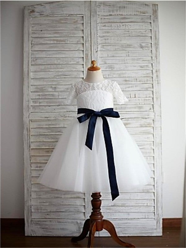 A-line/Princess Scoop 1/2 Sleeves Sash/Ribbon/Belt Tea-Length Tulle Flower Girl Dresses DEP0007629