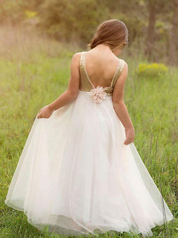 A-Line/Princess Sleeveless Scoop Floor-Length Sequin Tulle Flower Girl Dresses DEP0007676