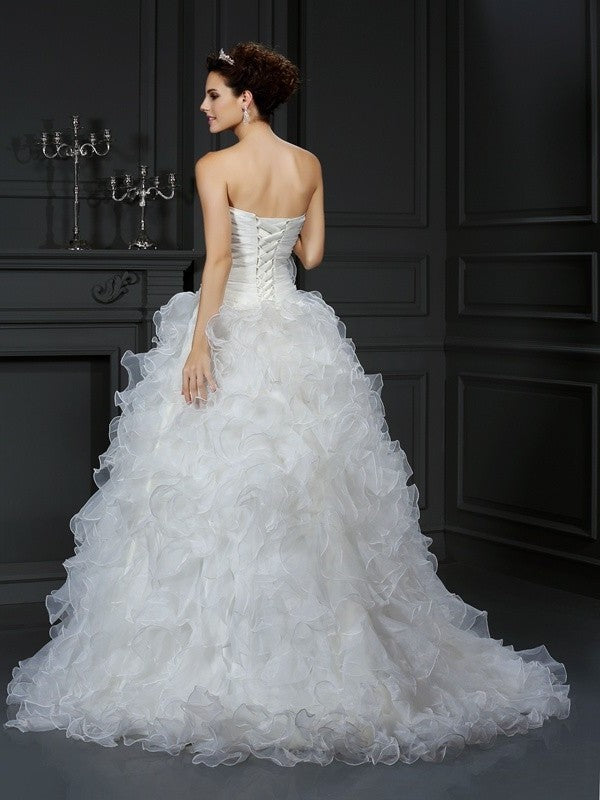 Ball Gown Sweetheart Hand-Made Flower Sleeveless Long Organza Wedding Dresses DEP0006877