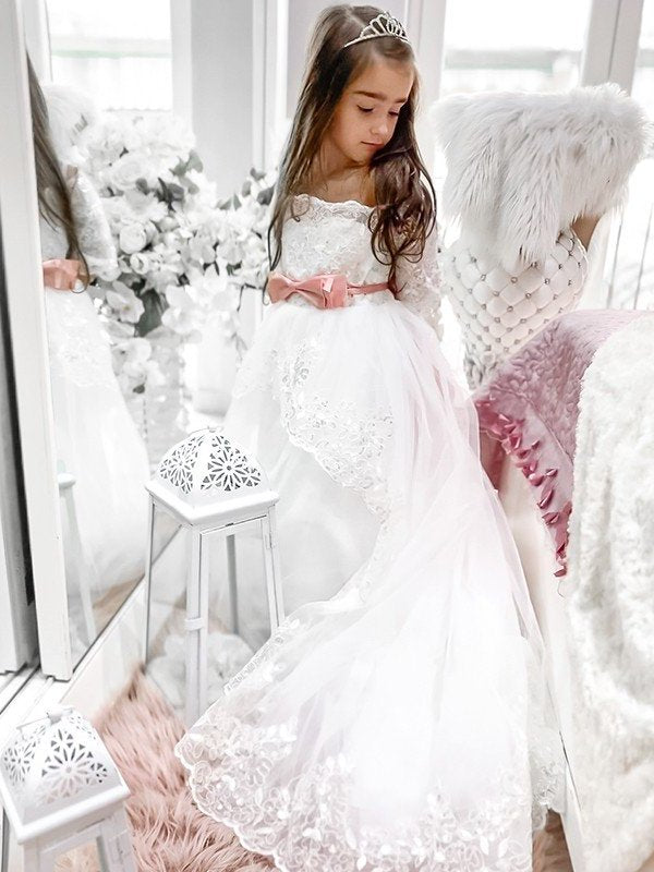 A-Line/Princess Tulle Sash/Ribbon/Belt Off-the-Shoulder 1/2 Sleeves Sweep/Brush Train Flower Girl Dresses DEP0007481