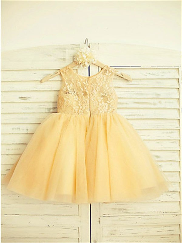 A-line/Princess Scoop Sleeveless Lace Tea-Length Tulle Flower Girl Dresses DEP0007768