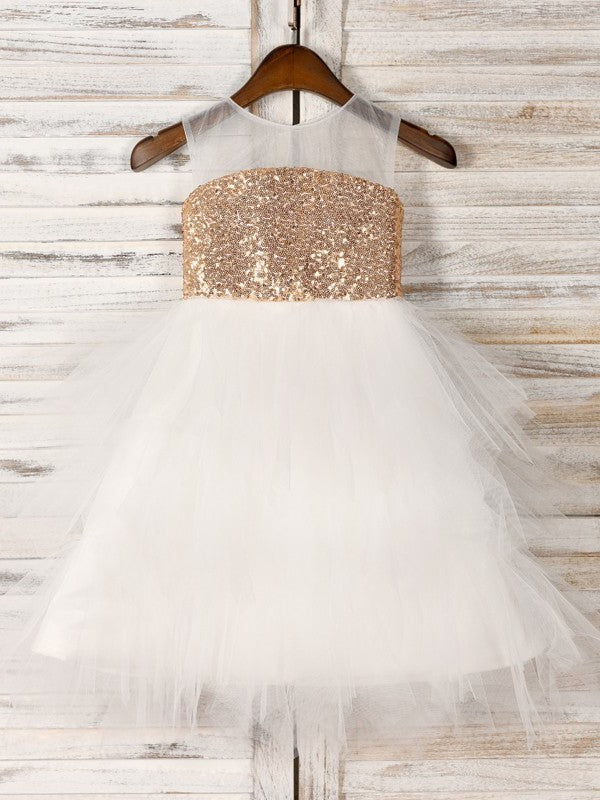 A-Line/Princess Tulle Paillette Scoop Sleeveless Tea-Length Flower Girl Dresses DEP0007530