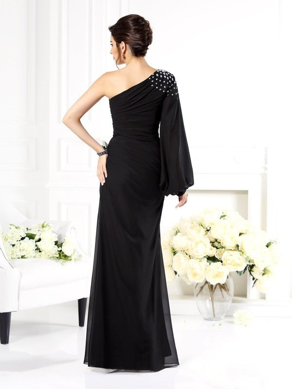 Sheath/Column One-Shoulder Beading Long Sleeves Long Chiffon Mother of the Bride Dresses DEP0007087