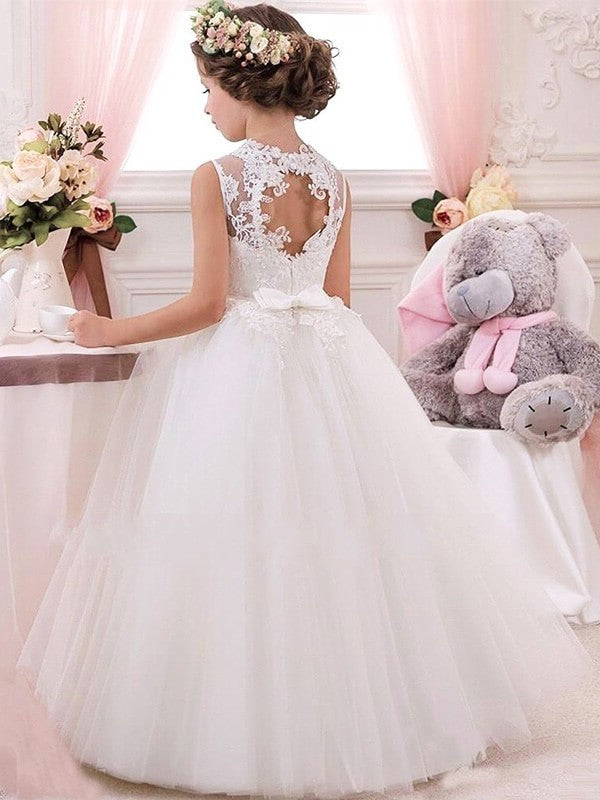 Ball Gown Jewel Sleeveless Applique Floor-Length Tulle Flower Girl Dresses DEP0007646