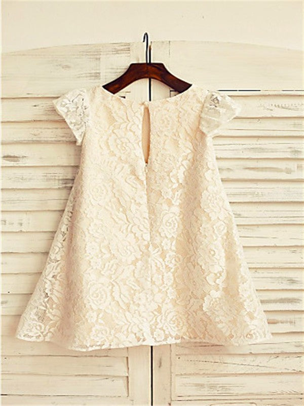 A-line/Princess Scoop Short Sleeves Tea-Length Lace Flower Girl Dresses DEP0007725