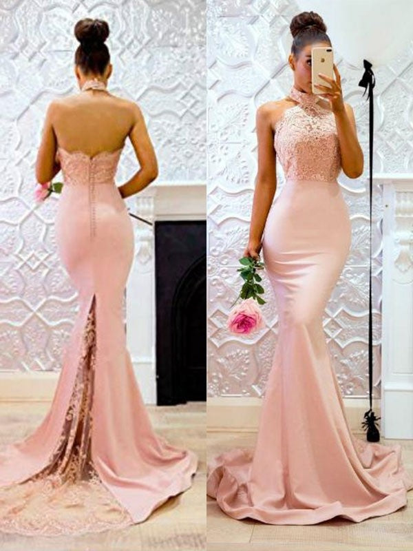 Trumpet/Mermaid Sleeveless Halter Sweep/Brush Train Lace Charmeuse Dresses DEP0002248