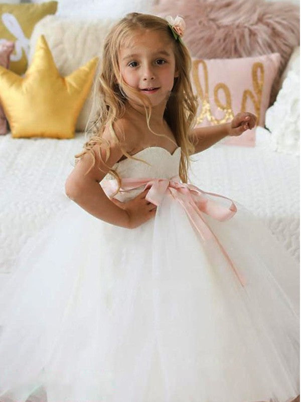 A-Line/Princess Tulle Sash/Ribbon/Belt Sweetheart Sleeveless Ankle-Length Flower Girl Dresses DEP0007799