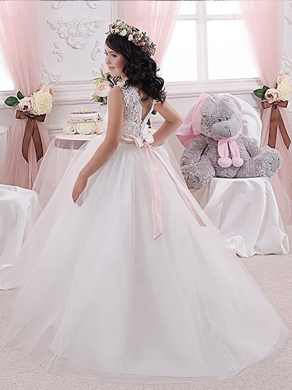 Ball Gown Scoop Sleeveless Sash/Ribbon/Belt Tulle Floor-Length Flower Girl Dresses DEP0007542