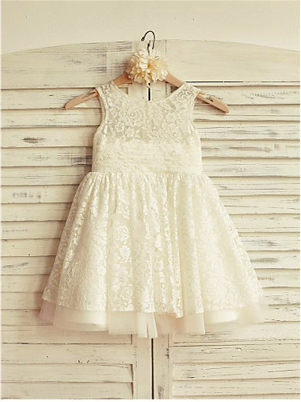 A-line/Princess Scoop Sleeveless Ruffles Tea-Length Lace Flower Girl Dresses DEP0007616