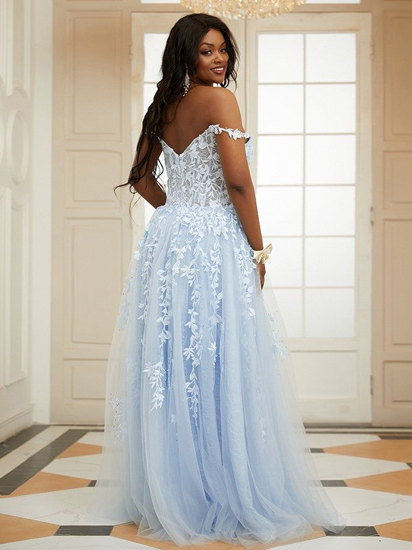 A-Line/Princess Tulle Applique Off-the-Shoulder Sleeveless Sweep/Brush Train Dresses DEP0001668