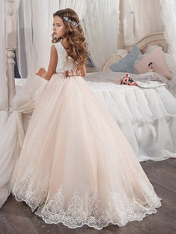 Ball Gown Jewel Sleeveless Lace Sweep/Brush Train Tulle Flower Girl Dresses DEP0007536