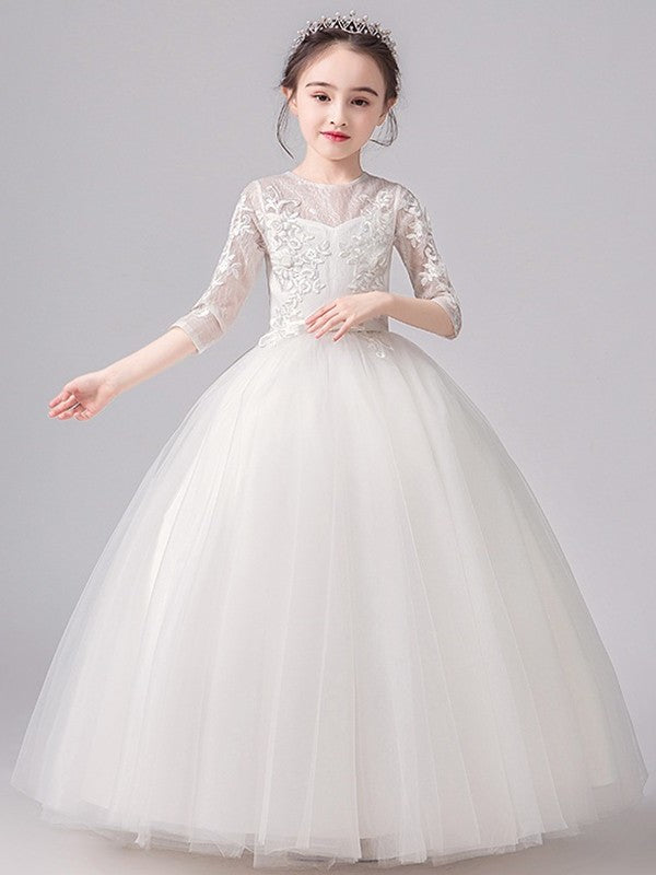 A-Line/Princess Lace Bowknot Scoop 3/4 Sleeves Floor-Length Flower Girl Dresses DEP0007506