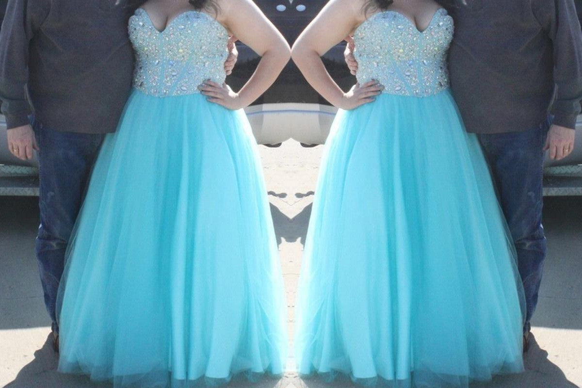 A-Line/Princess Sweetheart Sleeveless Beading Floor-Length Tulle Plus Size Dresses DEP0003453